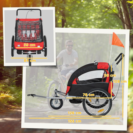 2 Seat Baby Bike Trailer with 5-Point Harness, Safety Flag & Reflectors for 18+ Months - Red