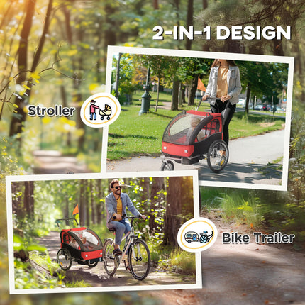 2 Seat Baby Bike Trailer with 5-Point Harness, Safety Flag & Reflectors for 18+ Months - Red