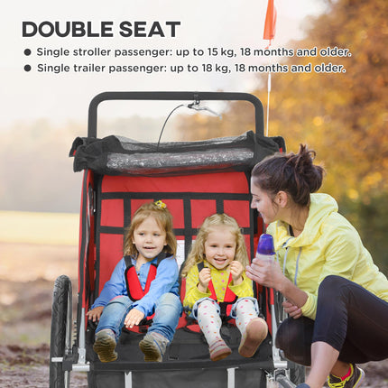 2 Seat Baby Bike Trailer with 5-Point Harness, Safety Flag & Reflectors for 18+ Months - Red