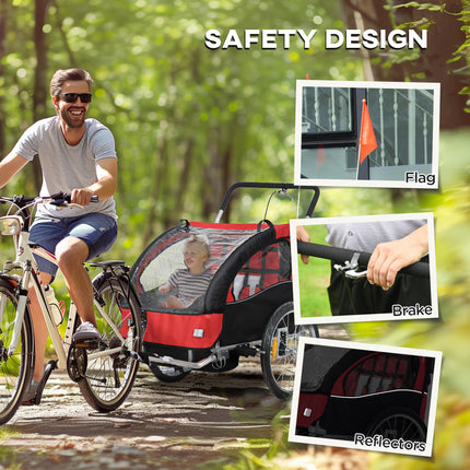 2 Seat Baby Bike Trailer with 5-Point Harness, Safety Flag & Reflectors for 18+ Months - Red