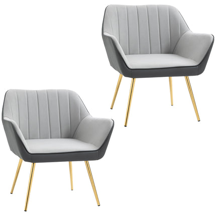 Set of 2 Modern Velvet Armchairs with Golden Steel Legs - Light Grey