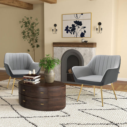 Set of 2 Modern Velvet Armchairs with Golden Steel Legs - Light Grey