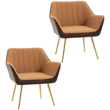 Set of 2 Modern Velvet Accent Chairs with Golden Steel Legs - Light Brown