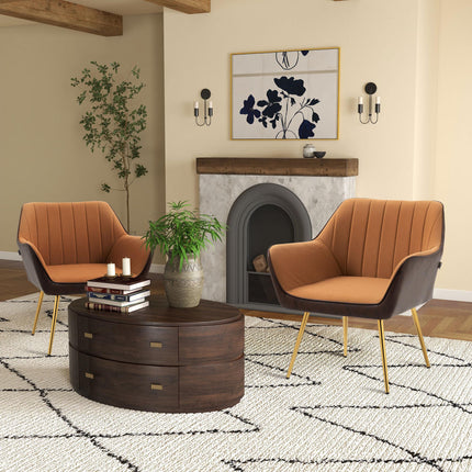 Set of 2 Modern Velvet Accent Chairs with Golden Steel Legs - Light Brown