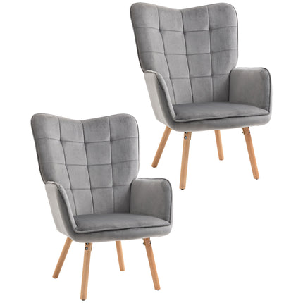 Set of 2 Modern Tufted Wingback Velvet-Touch Accent Chairs with Wood Legs - Grey