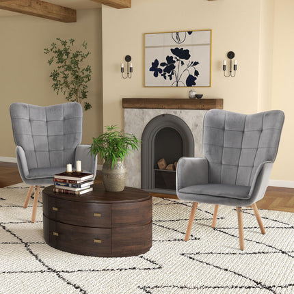 Set of 2 Modern Tufted Wingback Velvet-Touch Accent Chairs with Wood Legs - Grey