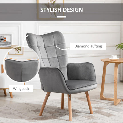 Set of 2 Modern Tufted Wingback Velvet-Touch Accent Chairs with Wood Legs - Grey