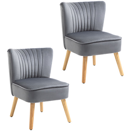 Set of 2 Velvet Accent Tub Chairs with Curved Back and Wood Legs - Grey