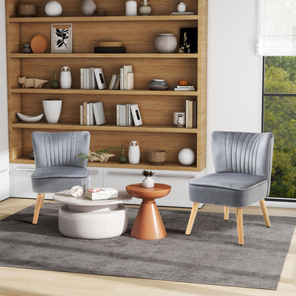 Set of 2 Velvet Accent Tub Chairs with Curved Back and Wood Legs - Grey