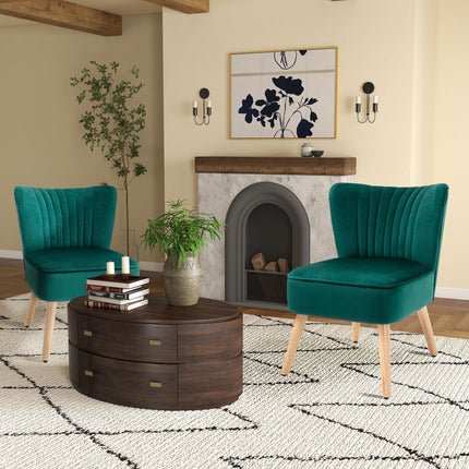 Velvet Tub Accent Chair with Curved Back and Wood Frame Legs Set of 2 - Green