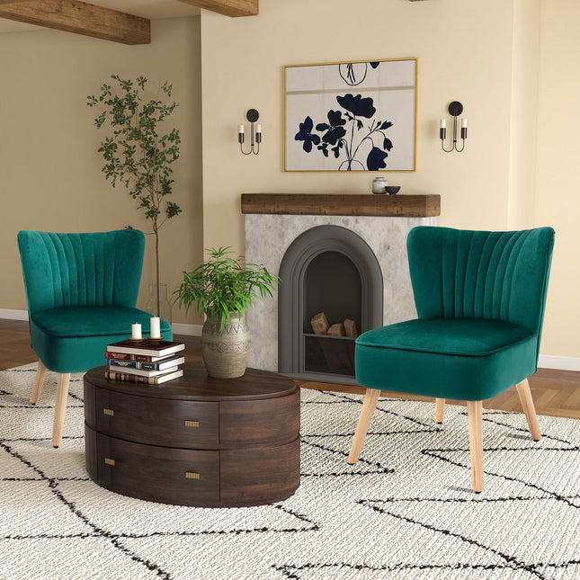 Velvet Tub Accent Chair with Curved Back and Wood Frame Legs Set of 2 - Green