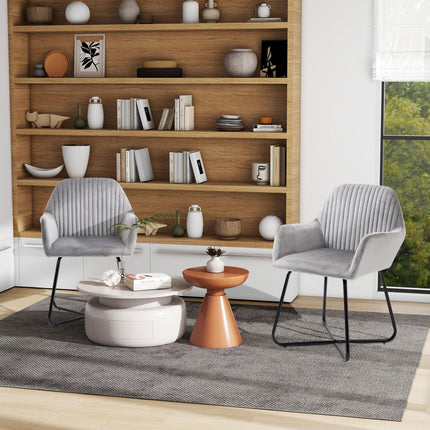 Modern Velvet-Feel Upholstered Accent Armchair with Metal Base, Set of 2 - Grey