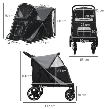 4 Wheel Pet Stroller with Rain Cover for Medium & Large Dogs - Black