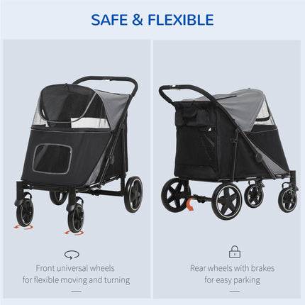 4 Wheel Pet Stroller with Rain Cover for Medium & Large Dogs - Black