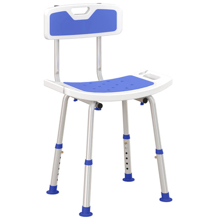 Height Adjustable Shower Stool with Backrest, Anti-Slip Feet & Shower Head Holder - Blue