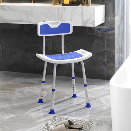Height Adjustable Shower Stool with Backrest, Anti-Slip Feet & Shower Head Holder - Blue