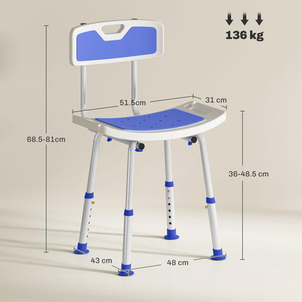 Height Adjustable Shower Stool with Backrest, Anti-Slip Feet & Shower Head Holder - Blue