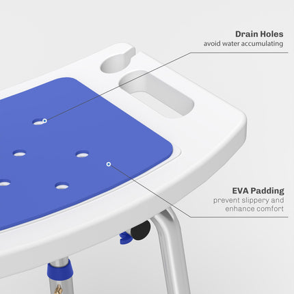 Height Adjustable Shower Stool with Backrest, Anti-Slip Feet & Shower Head Holder - Blue