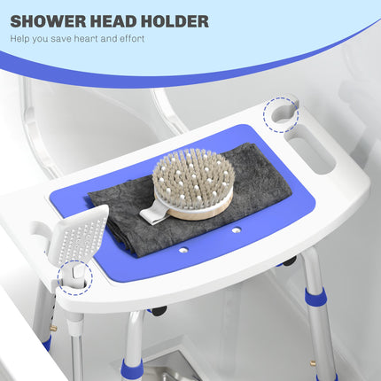 Height Adjustable Shower Stool with Backrest, Anti-Slip Feet & Shower Head Holder - Blue