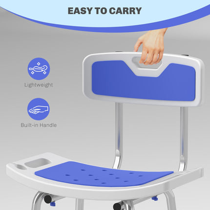 Height Adjustable Shower Stool with Backrest, Anti-Slip Feet & Shower Head Holder - Blue