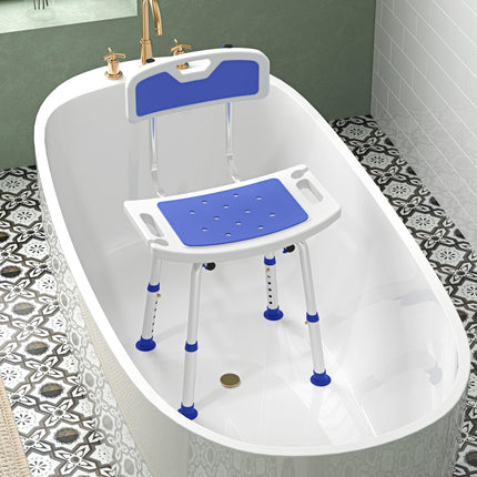 Height Adjustable Shower Stool with Backrest, Anti-Slip Feet & Shower Head Holder - Blue