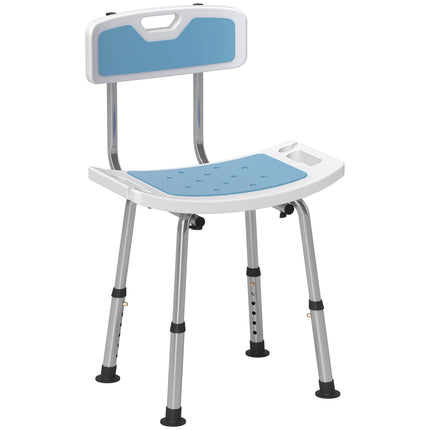 Height Adjustable Shower Stool with Backrest, Anti-slip Feet & Shower Head Holder - Light Blue