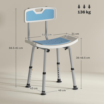 Height Adjustable Shower Stool with Backrest, Anti-slip Feet & Shower Head Holder - Light Blue