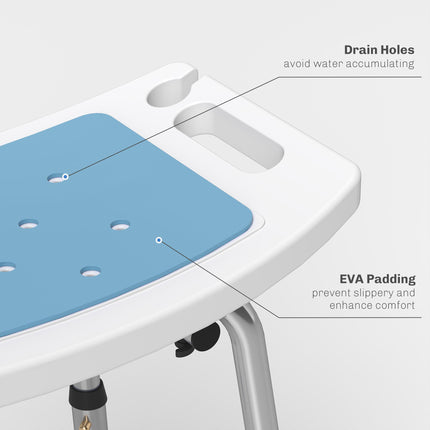 Height Adjustable Shower Stool with Backrest, Anti-slip Feet & Shower Head Holder - Light Blue