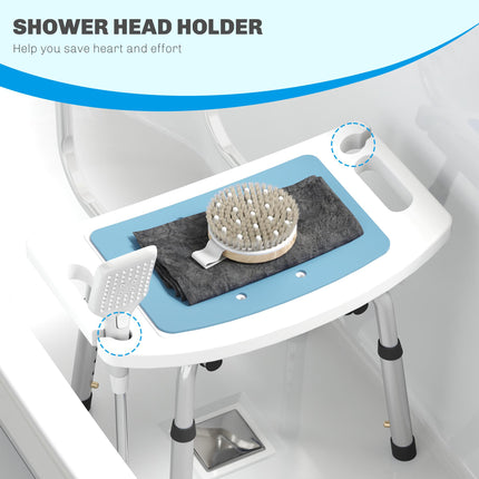 Height Adjustable Shower Stool with Backrest, Anti-slip Feet & Shower Head Holder - Light Blue