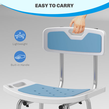 Height Adjustable Shower Stool with Backrest, Anti-slip Feet & Shower Head Holder - Light Blue