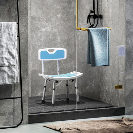 Height Adjustable Shower Stool with Backrest, Anti-slip Feet & Shower Head Holder - Light Blue