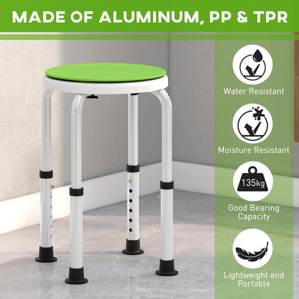 Height Adjustable 360° Swivel Aluminium Shower Chair with Non-Slip Feet for Disabled and Elderly - Green