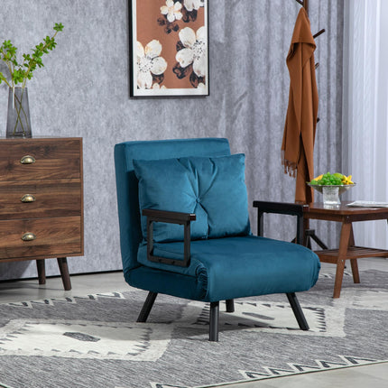 4-in-1 Velvet-Feel Single Chair Bed with Pillow - Navy Blue