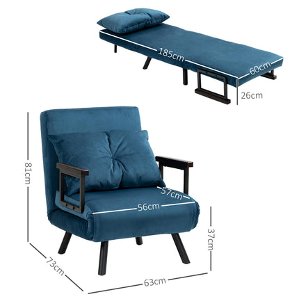 4-in-1 Velvet-Feel Single Chair Bed with Pillow - Navy Blue