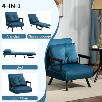 4-in-1 Velvet-Feel Single Chair Bed with Pillow - Navy Blue