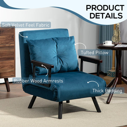 4-in-1 Velvet-Feel Single Chair Bed with Pillow - Navy Blue