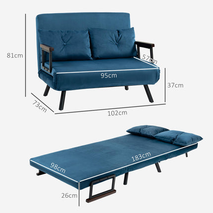 4-in-1 Velvet-Feel Double Sofa Bed with Pillows - Blue