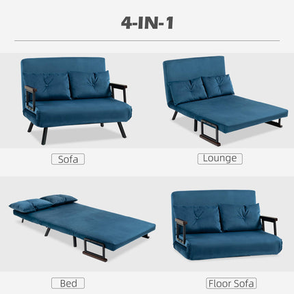 4-in-1 Velvet-Feel Double Sofa Bed with Pillows - Blue