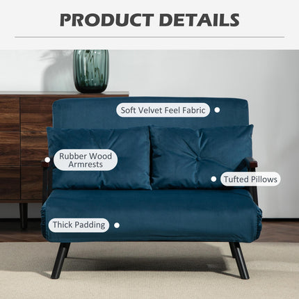 4-in-1 Velvet-Feel Double Sofa Bed with Pillows - Blue