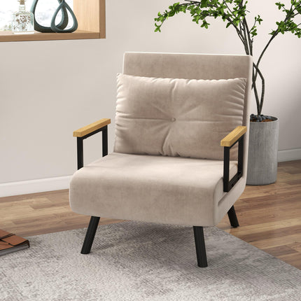 4-in-1 Velvet-Feel Single Chair Bed with Pillow - Beige
