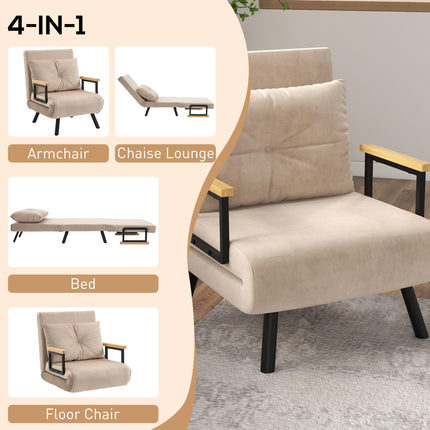 4-in-1 Velvet-Feel Single Chair Bed with Pillow - Beige