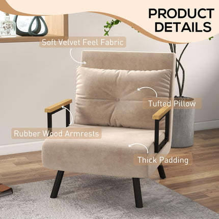 4-in-1 Velvet-Feel Single Chair Bed with Pillow - Beige