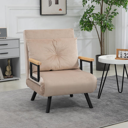 4-in-1 Velvet-Feel Single Chair Bed with Pillow - Beige