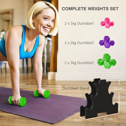 6 Piece Hexagonal Dumbbell Set with Rack - Pink Purple Green