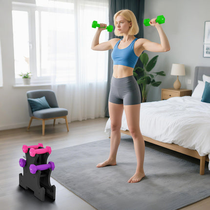 6 Piece Hexagonal Dumbbell Set with Rack - Pink Purple Green