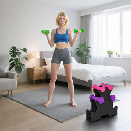 6 Piece Hexagonal Dumbbell Set with Rack - Pink Purple Green