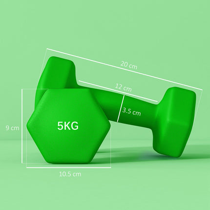 5kg Hexagonal Dumbbell Set 2 Piece with Non-Slip Grip - Green
