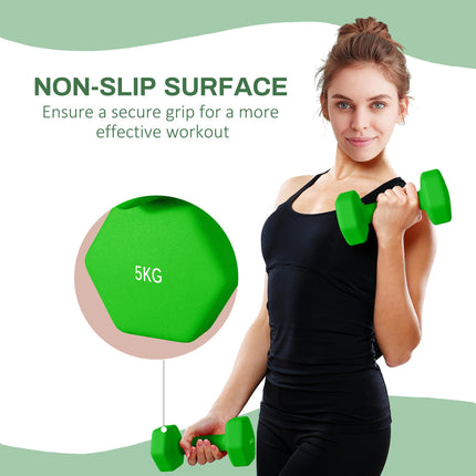 5kg Hexagonal Dumbbell Set 2 Piece with Non-Slip Grip - Green