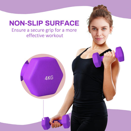 Set of 2 Hexagonal 4kg Dumbbells with Non-Slip Grip - Purple