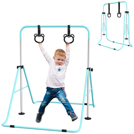 Adjustable Height Foldable Kids Gymnastics Bar with Non-Slip Mats and Rings for 3+ Years - Green
